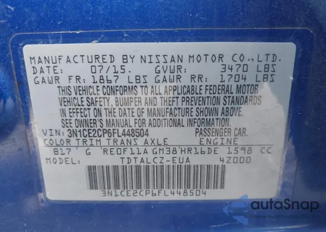 2015 Nissan Versa Note S Plus z USA, uszkodzony, nr VIN 3N1CE2CP6FL448504